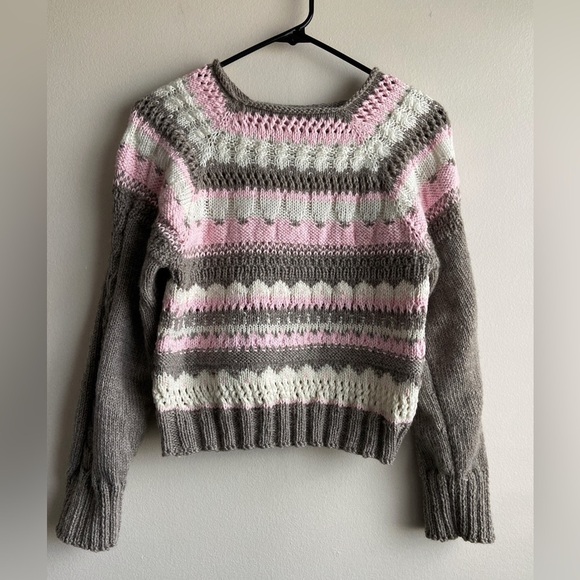 handmade Sweaters - Hand knitted wool sweater size small pink grey white color block
